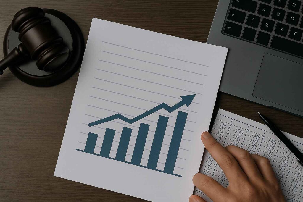 Imagem abstrata com pilhas de documentos, calculadora, símbolo jurídico e elementos gráficos financeiros, representando análise de contratos com juros abusivos