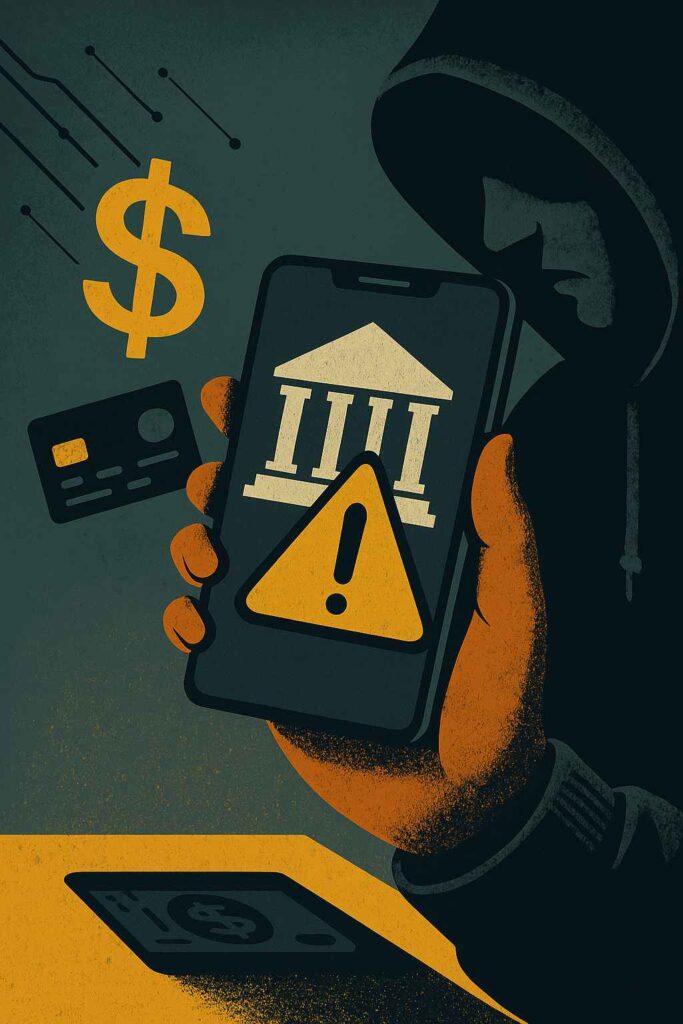 Mão com capuz segurando celular com alerta de golpe e ícone de banco, ilustrando fraudes em apps bancários
