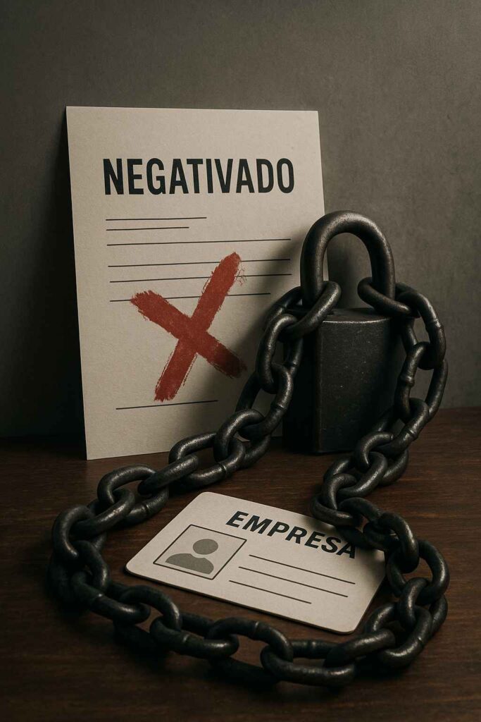 Documento de negativação e crachá empresarial acorrentados e trancados com cadeado, sobre uma mesa de madeira escura.
