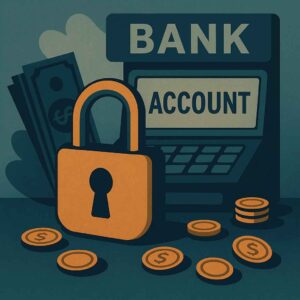 Cofre trancado com correntes e cadeado sobre pilhas de documentos e moedas, representando uma conta bancária empresarial bloqueada.