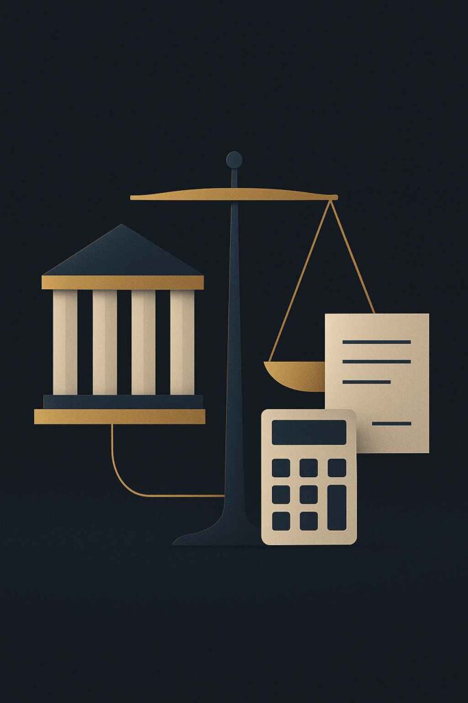Ilustração editorial com balança de justiça, colunas bancárias, calculadora e contrato em estilo minimalista sobre fundo azul-escuro.