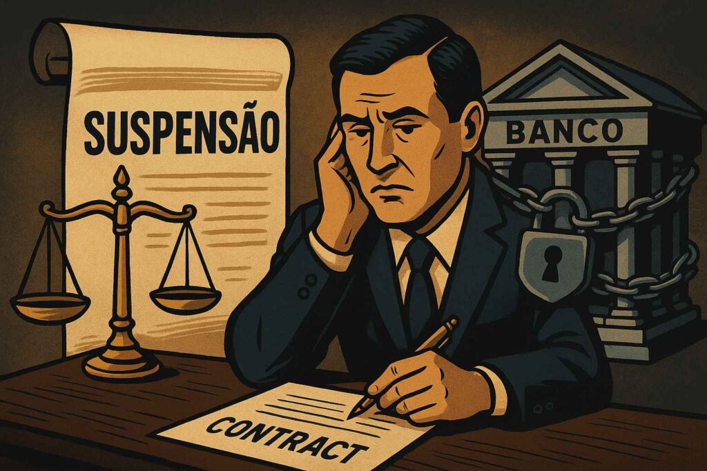 Ilustração de advogado pensativo assinando um contrato, com símbolo de banco acorrentado e documento escrito “Suspensão” ao fundo.