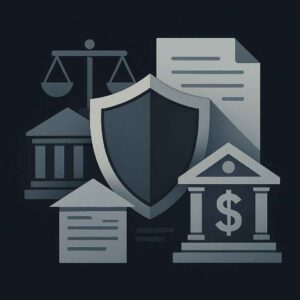 Ilustração editorial sobre Revisão de Contrato de Capital de Giro com escudo de proteção, documentos, balança da justiça e símbolos bancários em estilo minimalista.