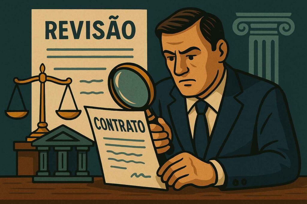 Ilustração de advogado analisando contrato com lupa, ao lado de balança da justiça e documento com a palavra “Revisão”, representando o tema “O que é revisão contratual”.