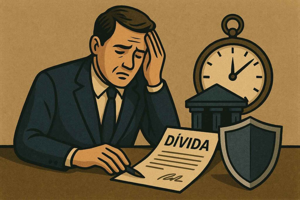 Homem preocupado observa um documento com a palavra "Dívida", ao lado de um relógio antigo, um escudo e ícones bancários, simbolizando o tempo de prescrição da dívida.
