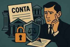 Empresário preocupado observa documento com a palavra “CONTA”, ao lado de um cadeado, escudo jurídico e ícones de instituições bancárias.
