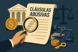 Imagem mostra uma lupa sobre um contrato com o título "Cláusulas Abusivas", ao lado de ícones de banco, balança da justiça e moeda dourada.