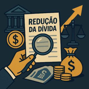 Mão segurando lupa sobre documento com o título “Redução da Dívida”, ao lado de balança da justiça, moedas, banco e símbolo de dinheiro.
