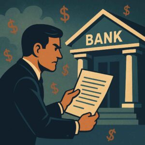 Empresário sério segurando documento diante de um prédio bancário clássico, com símbolos de cifrão ao fundo.