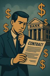 Homem de negócios examinando um contrato em frente a um banco, com símbolos de cifrão ao fundo, simbolizando revisão de juros.