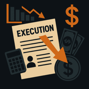 Arte conceitual com documento de execução bancária, gráficos e ícones financeiros em fundo escuro.