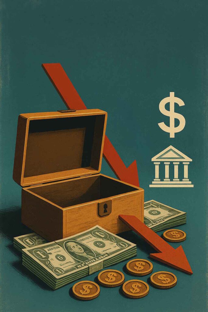 Cofre aberto vazio ao lado de dinheiro, moedas e setas para baixo em imagem editorial estilizada.