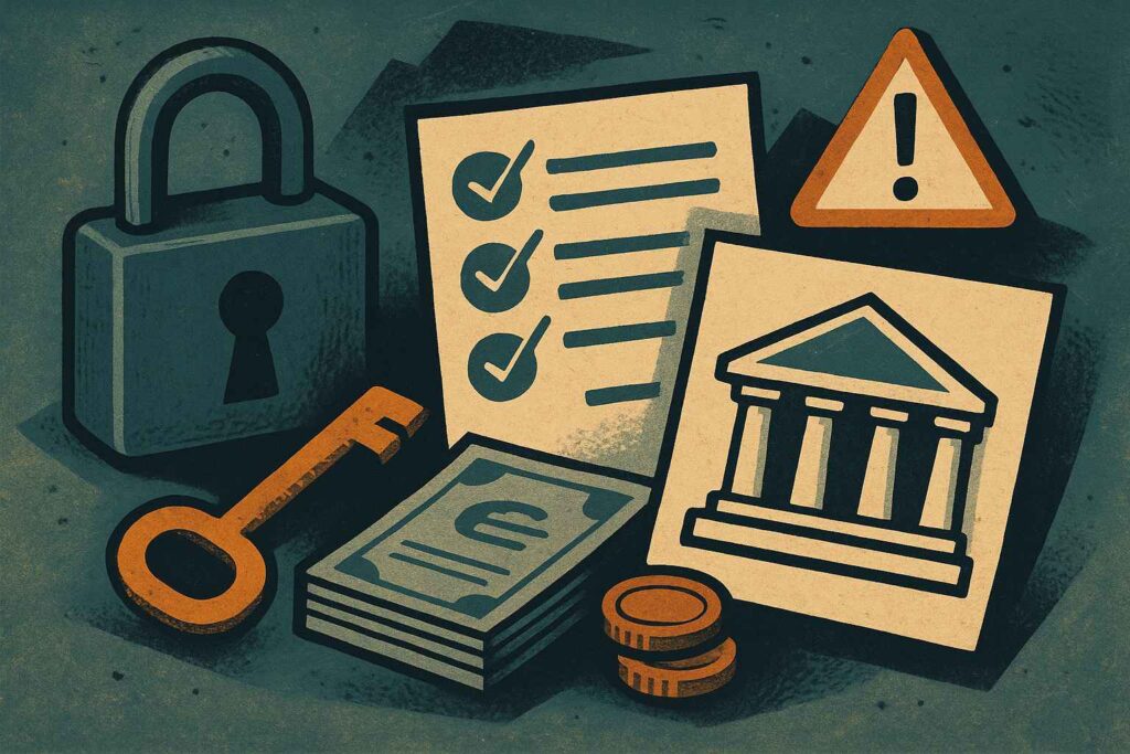 Imagem com cadeado e documentos representando proteção contra bloqueios judiciais em contas empresariais.