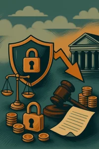 Ilustração com balança da justiça, cadeados, martelo de juiz, moedas empilhadas, contrato e um escudo com símbolo de segurança, ao fundo um prédio que representa o tribunal e uma seta apontando para baixo.