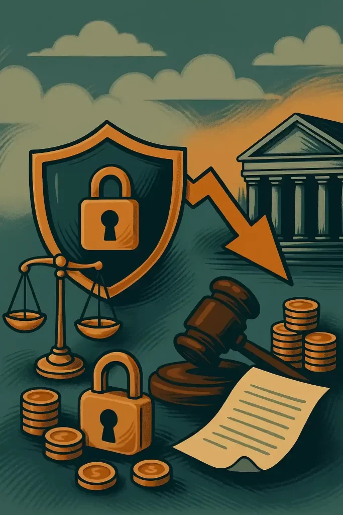 Ilustração com balança da justiça, cadeados, martelo de juiz, moedas empilhadas, contrato e um escudo com símbolo de segurança, ao fundo um prédio que representa o tribunal e uma seta apontando para baixo.